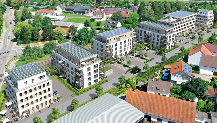 Oberansicht von sechs Wohnkomplexen des Bauprojekts Multipark Schrobenhausen